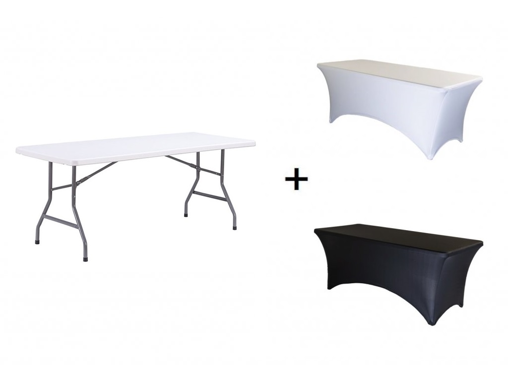 TENTino AKCE! Skládací stůl 183x76 cm WHITE CELÝ + ubrus BASIC ZDARMA Barva ubrusu: ČERNÁ / BLACK
